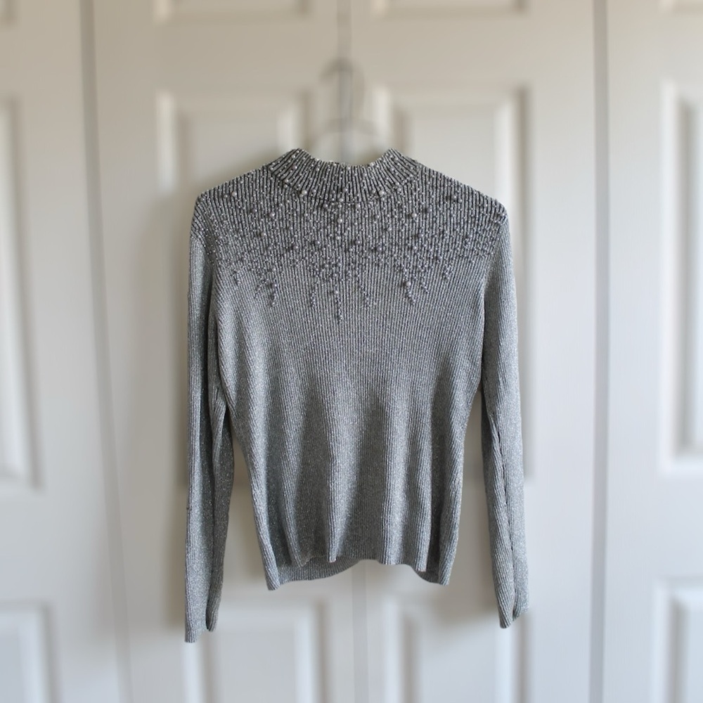 Vintage 90s Long Sleeve Silver Mock Neck Faux Pearl Sweater